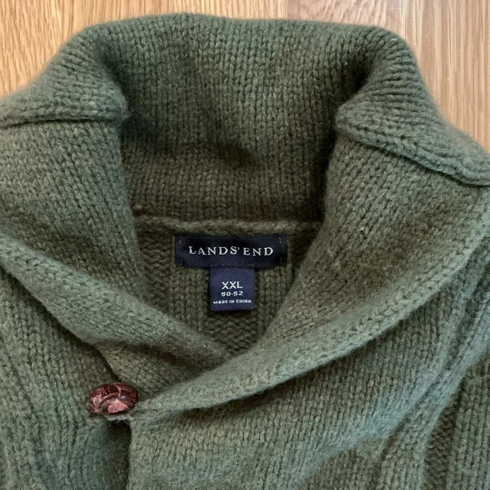 Lands' End XXL Shawl Collar Sweater‎ Green Merino Wool Blend Ribbed Knit